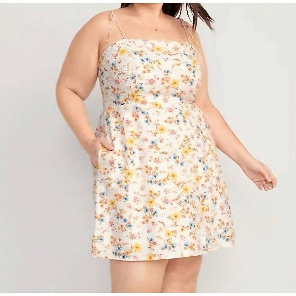 Old Navy Dress Women's XXL Tall Cream Floral Mini Linen Blend Tie Strap